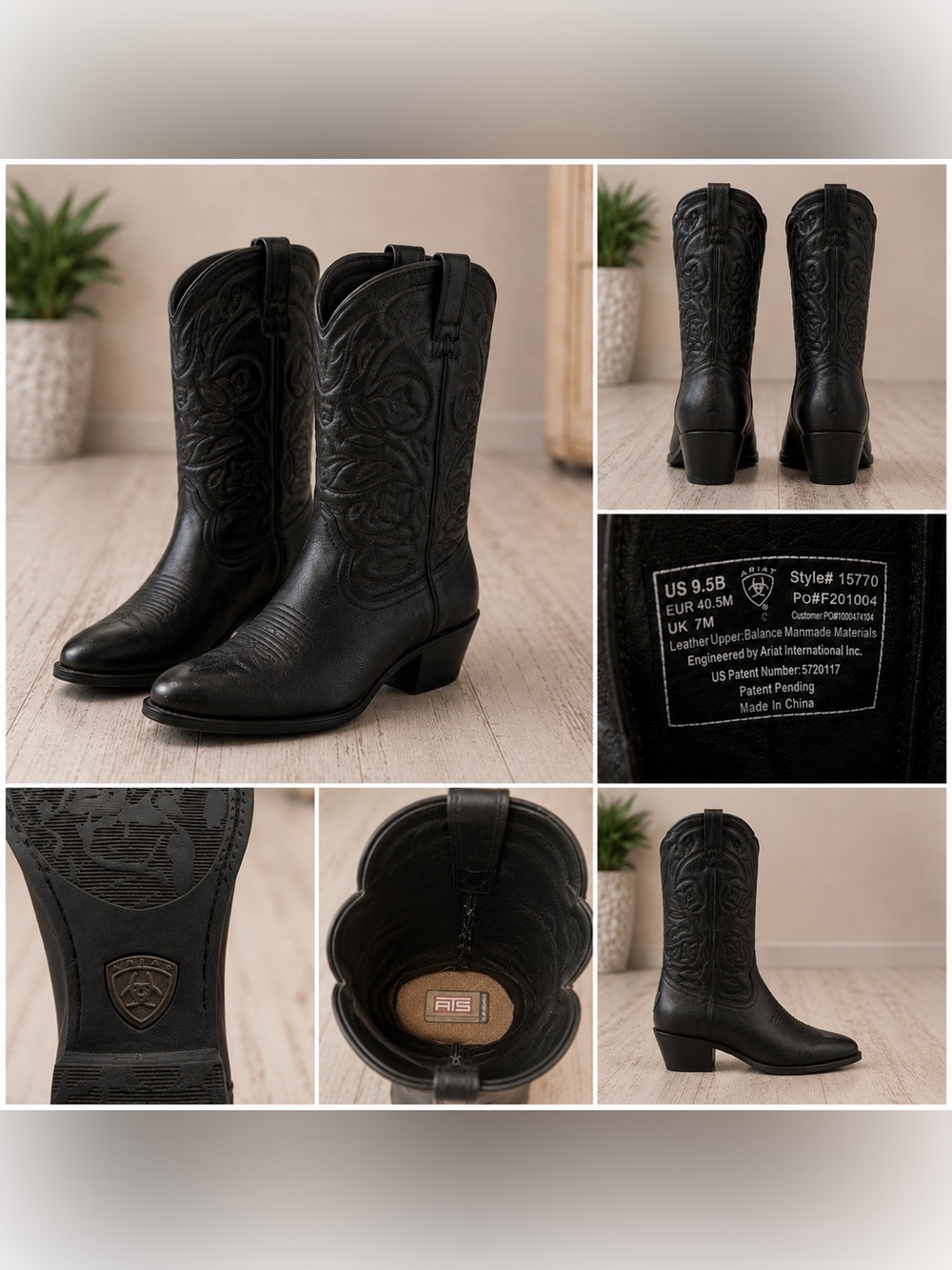 Ariat Black Embroidered Leather Western Mid-Calf Boots size 9.5B